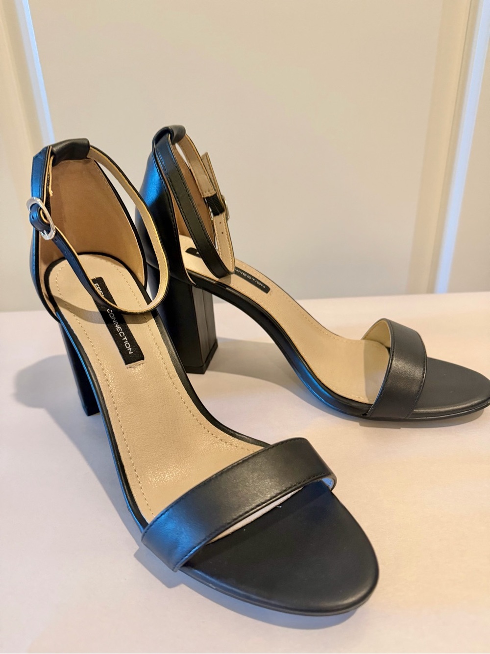 French Connection Black Single-Strap Block Heel Sandals